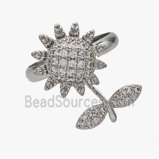 Copper SunFlower Rings Pave Zirconia Rotatable Adjustable Platinum Plated