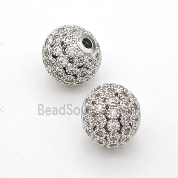 Round Copper Beads Micropave Zirconia Hollow Platinum Plated