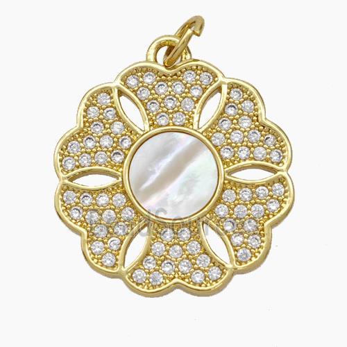 Copper pendant pave zircon and white shell bead, Gold Plated