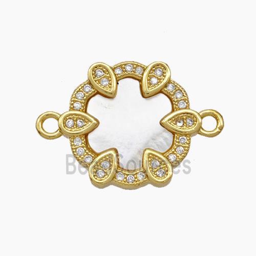 Copper Connector pave zircon and white shell bead, Gold Plated