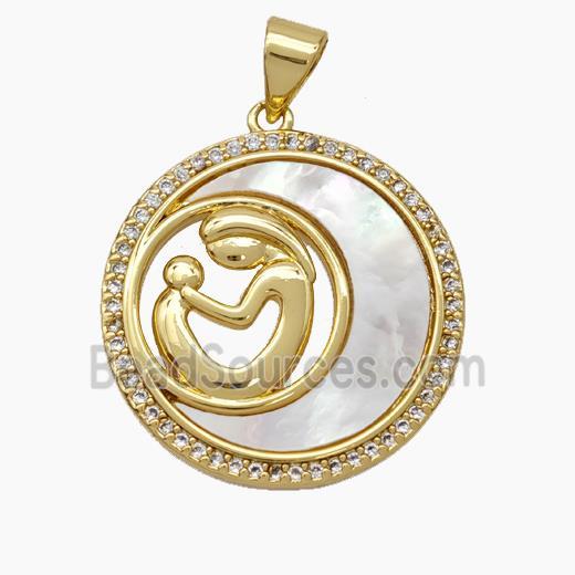 Copper pendant pave zircon and white shell bead, Gold Plated