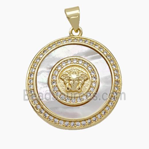 Copper pendant pave zircon and white shell bead, Gold Plated