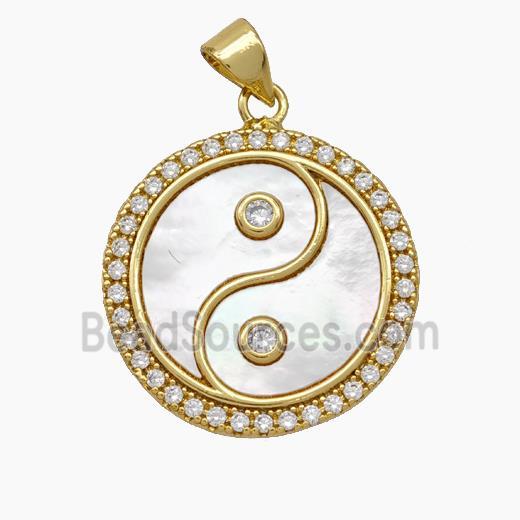 Copper pendant pave zircon and white shell bead, Gold Plated