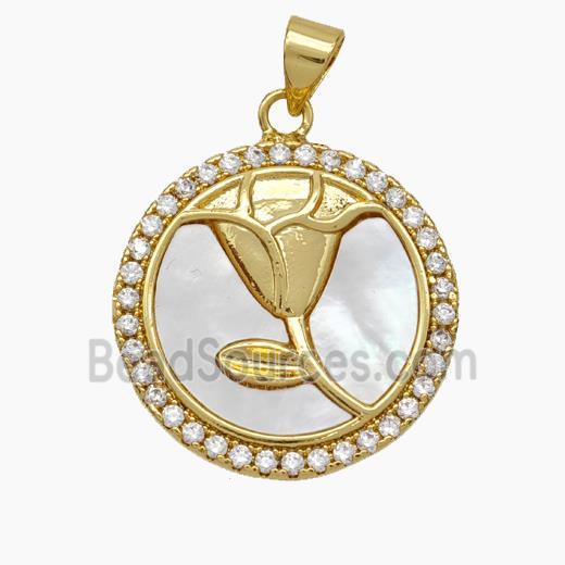 Copper pendant pave zircon and white shell bead, Gold Plated