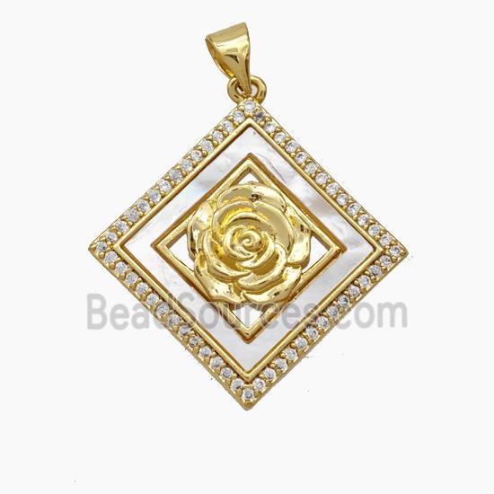 Copper pendant pave zircon and white shell bead, Gold Plated