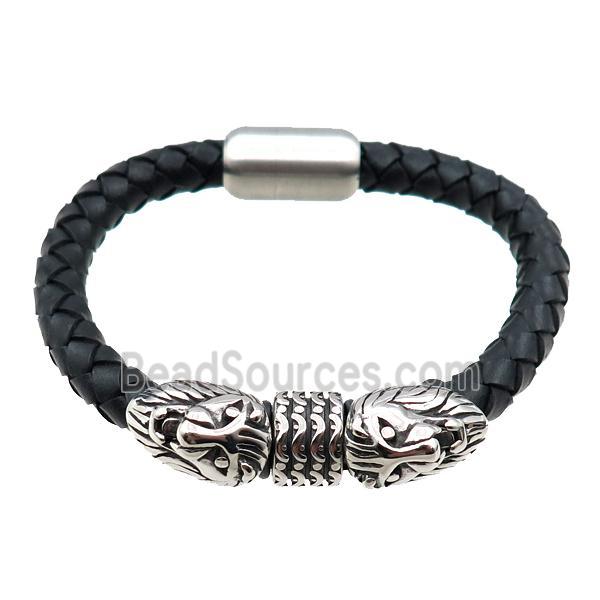 PU leather bracelet with magnetic clasp, stainless steel beads