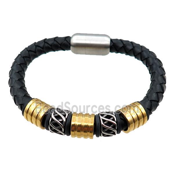 PU leather bracelet with magnetic clasp, stainless steel beads