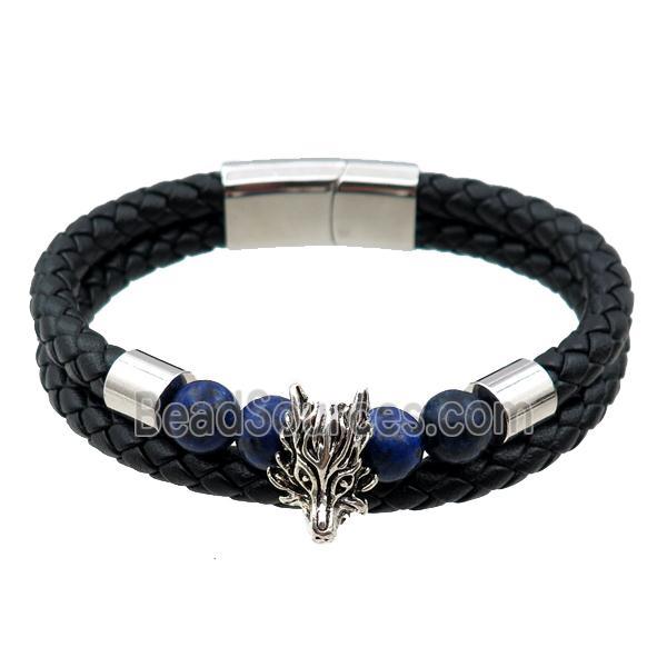 PU leather bracelet with magnetic clasp, stainless steel fox beads