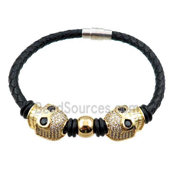 PU leather bracelets with magnetic clasp, skull beads pave zircon