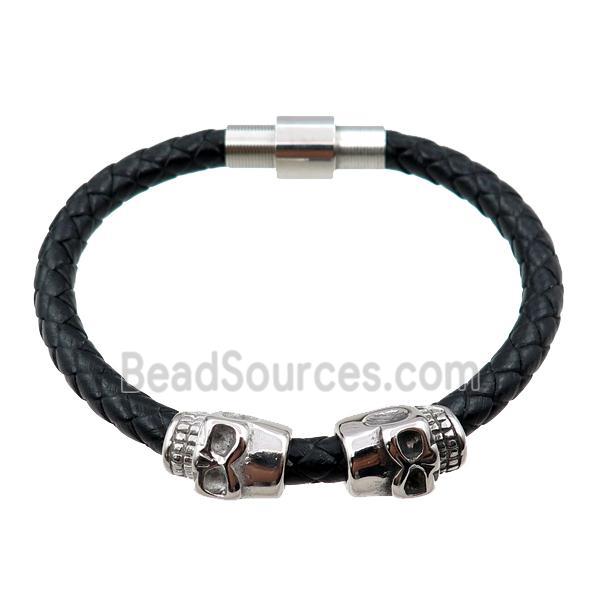 PU leather bracelets with magnetic clasp, stainless steel skull bead