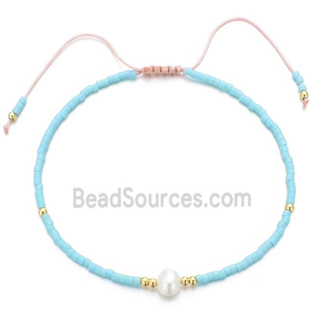 handmade miyuki seed glass Bracelet with Pearl, adjustable, aqua