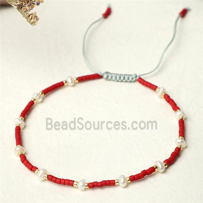 handmade miyuki glass Bracelet with Pearl, adjustable, red