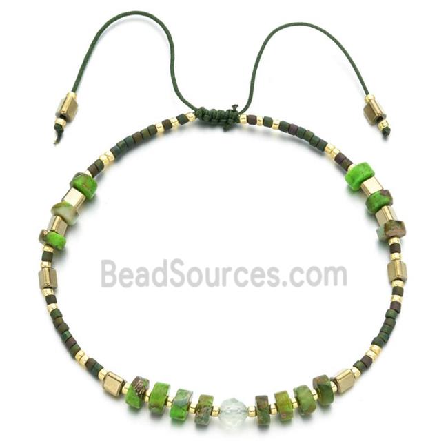 handmade miyuki glass Bracelet with Imperial Jasper, adjustable, olive