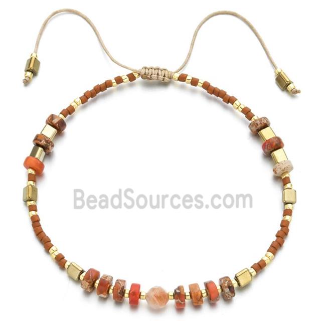 handmade miyuki seed glass Bracelet with Imperial Jasper, adjustable, orange