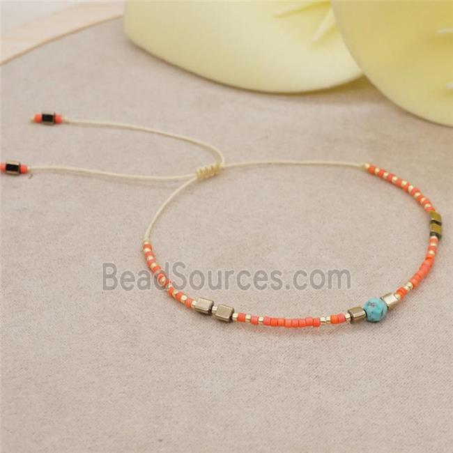 handmade miyuki glass Bracelet with turquoise, adjustable, orange