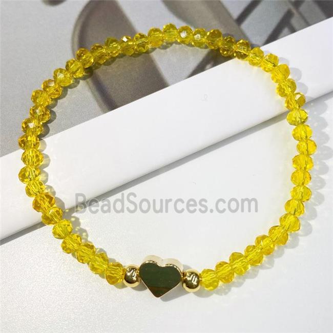 yellow Chinese Crystal Glass Bracelet with gold heart, stretchy