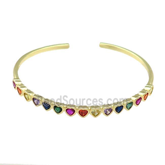 Copper Heart Bangle Pave Multicolor Zircon Gold Plated