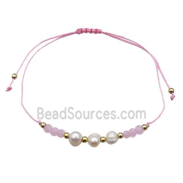 Pearl Bracelet With Crystal Glass Adjustable Pink