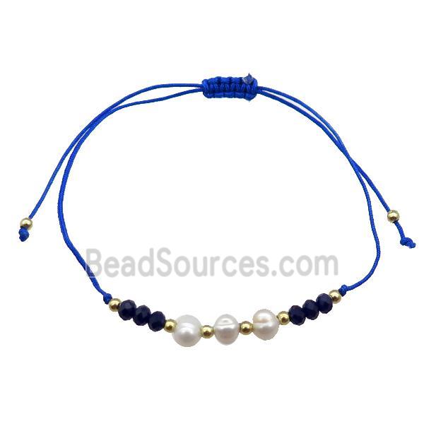 Pearl Bracelet With Crystal Glass Adjustable RoyalBlue