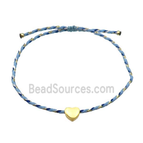 Blue Waxed Fabric Bracelet Heart Adjustable