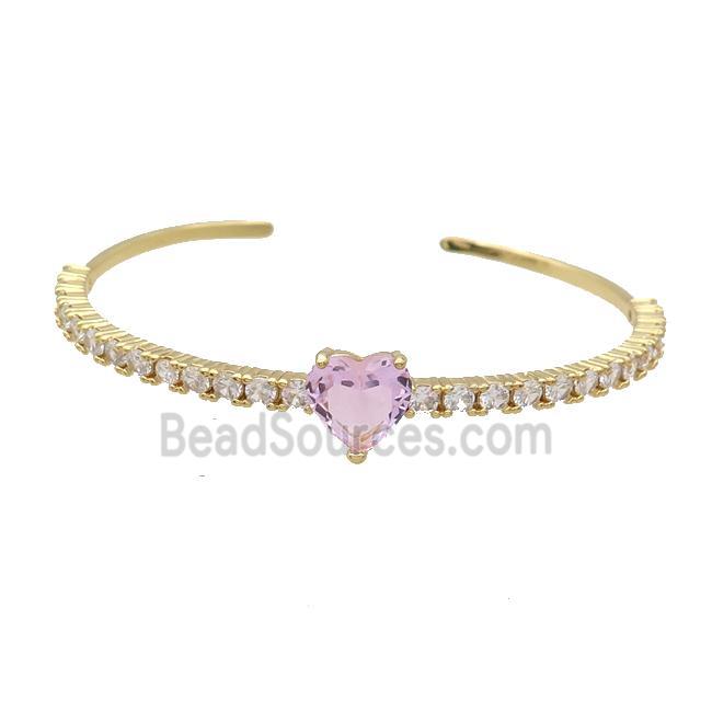 Copper Bangle Pave Zircon Pink Crystal Glass Heart Gold Plated