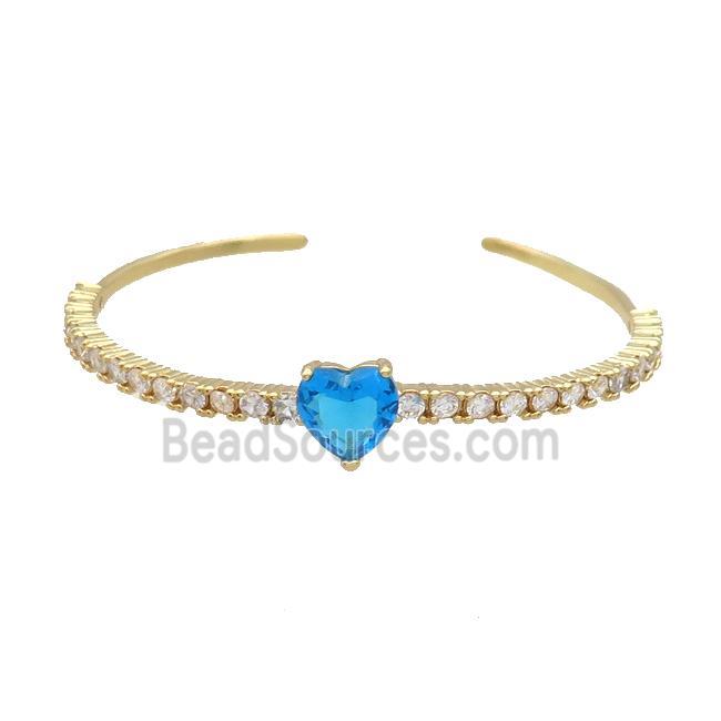 Copper Bangle Pave Zircon Blue Crystal Glass Heart Gold Plated