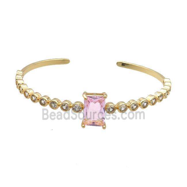 Copper Bangle Pave Zircon Pink Crystal Glass Rectangle Gold Plated