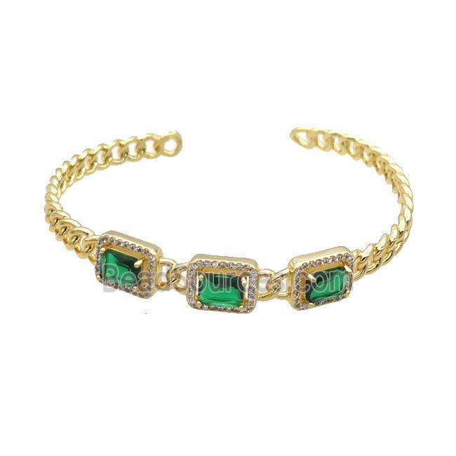 Copper Bangle Pave Zircon Green Crystal Glass Rectangle Gold Plated