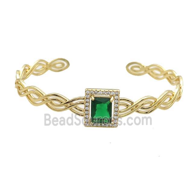 Copper Bangle Pave Green Crystal Rectangle Gold Plated