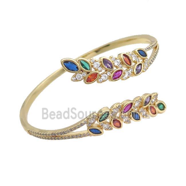 Copper Bangle Pave Multicolor Zircon Leaf Gold Plated