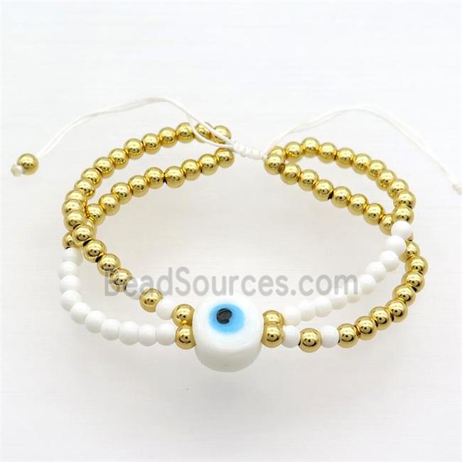 Copper Bracelet With White Seed Glass Evil Eye Adjustable Gold Plated