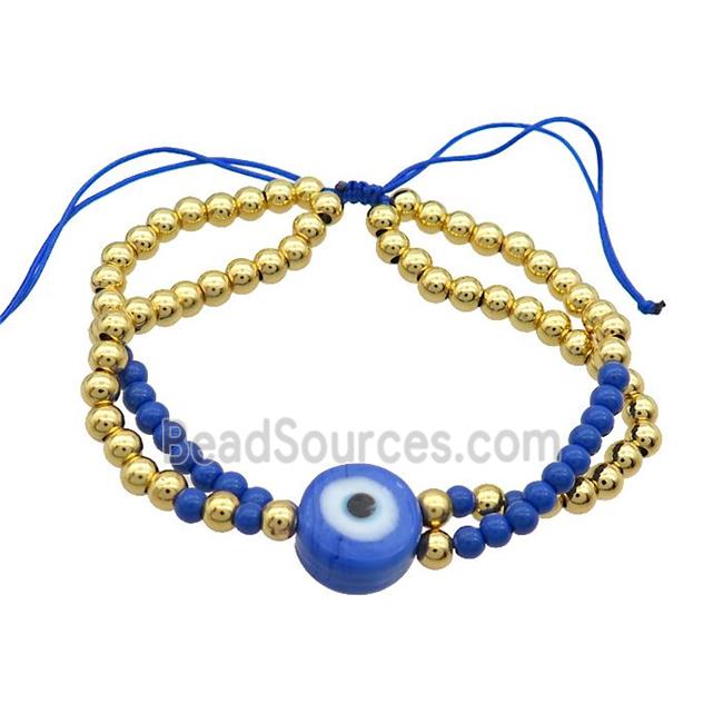 Copper Bracelet With Blue Seed Glass Evil Eye Adjustable Gold Plated