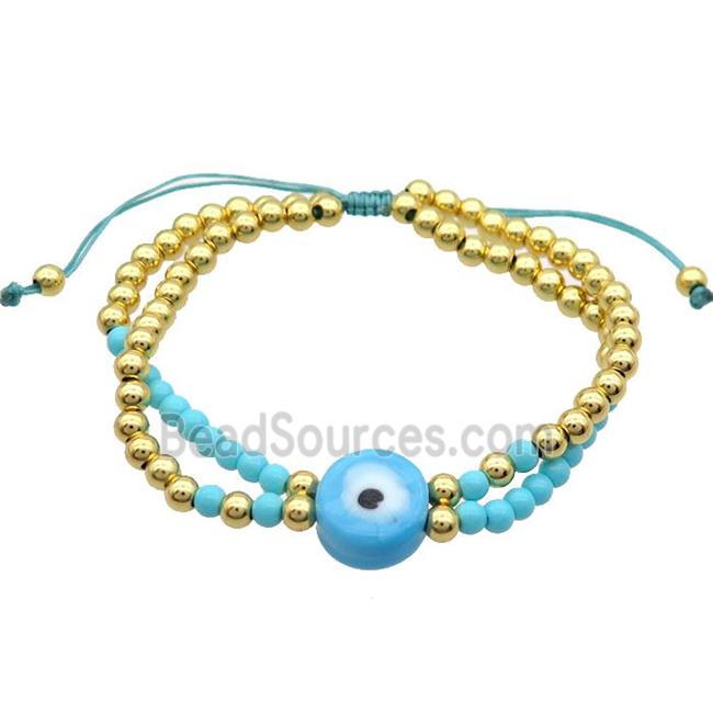 Copper Bracelet With Blue Seed Glass Evil Eye Adjustable Gold Plated