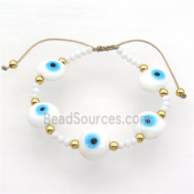 White Lampwork Bracelet Evil Eye Copper Adjustable