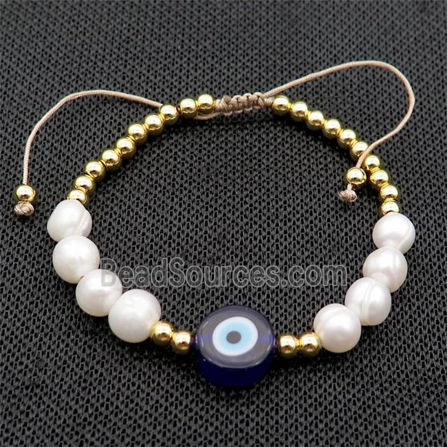 Pearl Bracelet With Lampwork Evil Eye Copper Adjustable