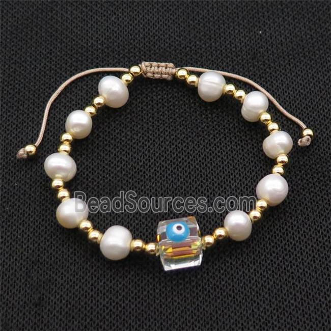 Pearl Bracelet With Evil Eye Copper Adjustable