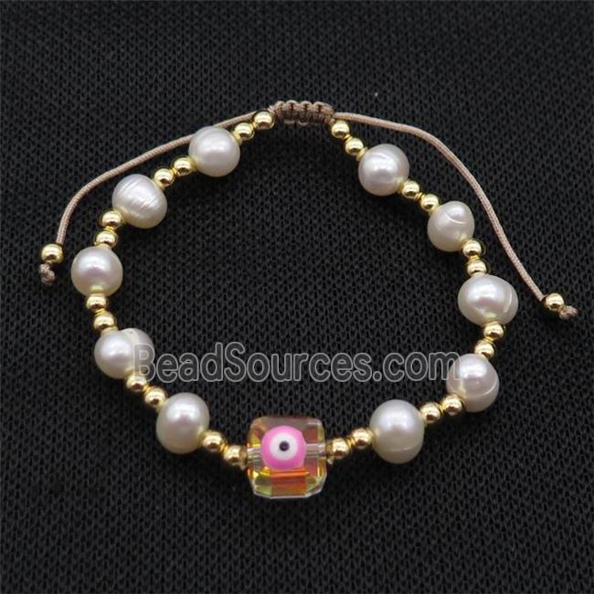 Pearl Bracelet With Evil Eye Copper Adjustable