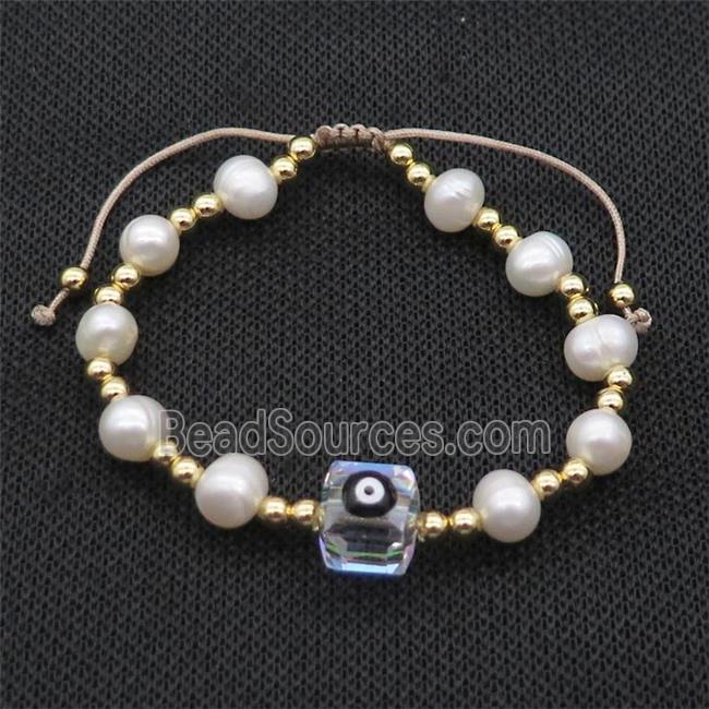 Pearl Bracelet With Evil Eye Copper Adjustable