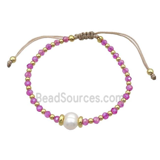 Hotpink Crystal Glass Bracelet Pearl Adjustable