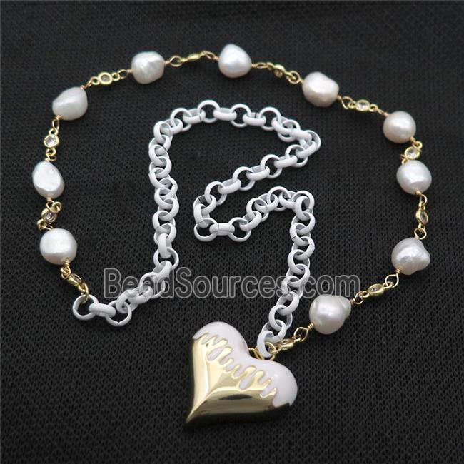 Copper Necklace White Lacquered Heart Pearl Gold Plated