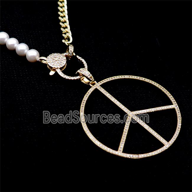 Copper Necklace Peace Sign Pave Zircon Pearlized Glass Gold Plated