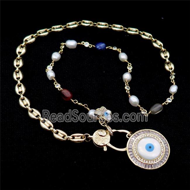 Copper Necklace Eye Pave Zircon Pearl Gold Plated