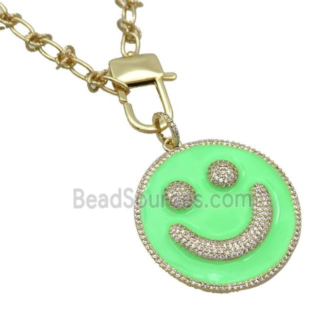 Copper Necklace Emoji Pave Zircon Green Enamel Happyface Gold Plated