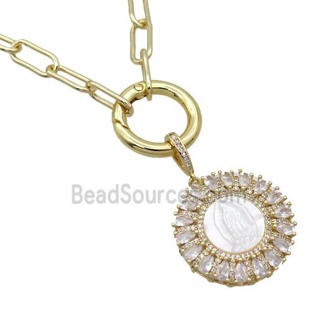 Copper Necklace Circle Pave Zircon VirginMary Shell Gold Plated