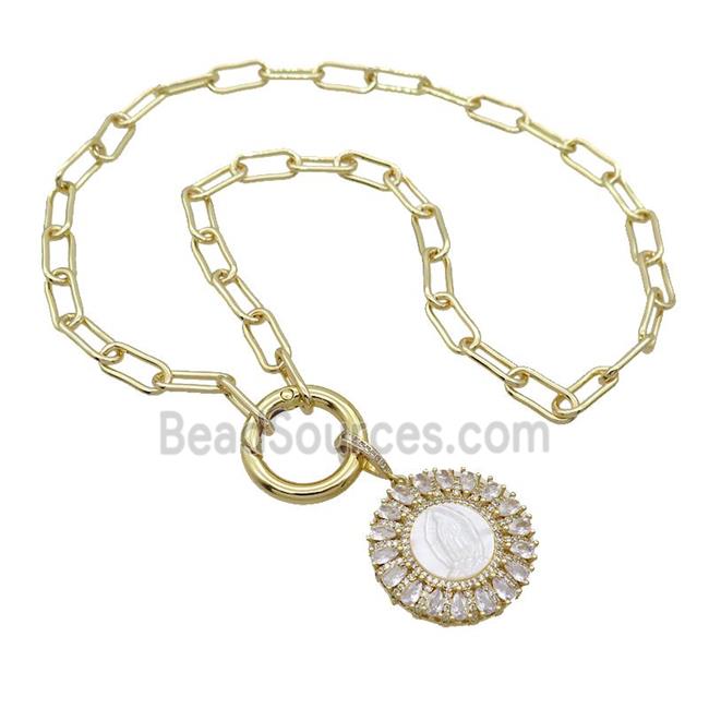 Copper Necklace Circle Pave Zircon VirginMary Shell Gold Plated