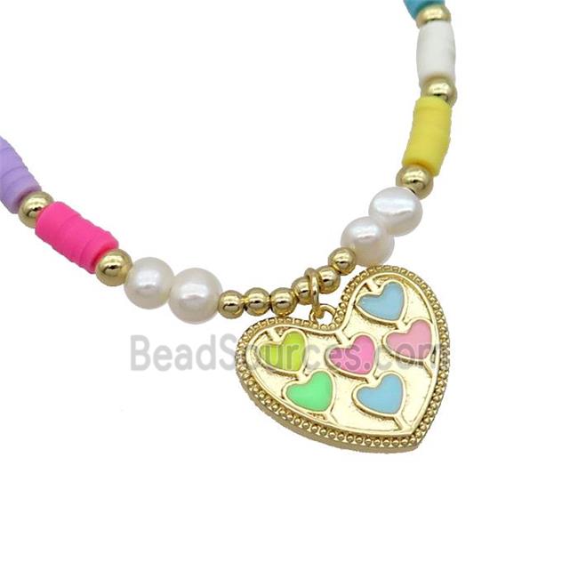 Copper Necklace Heart Multicolor Enamel Clay Pearl Gold Plated