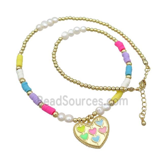 Copper Necklace Heart Multicolor Enamel Clay Pearl Gold Plated