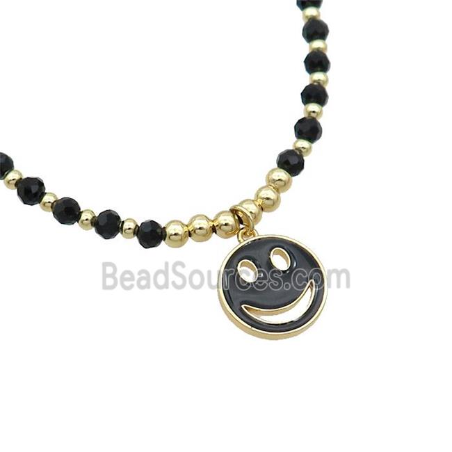 Black Crystal Glass Copper Necklace Black Enamel Emoji Gold Plated