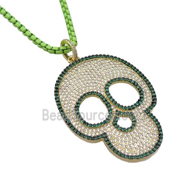 Olive Lacquered Copper Necklace Skull Pave Zircon Gold Plated