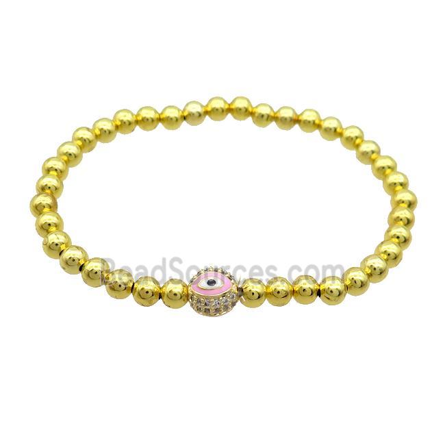 Copper Bracelet Pink Enamel Evil Eye Pave Zircon Stretchy Gold Plated